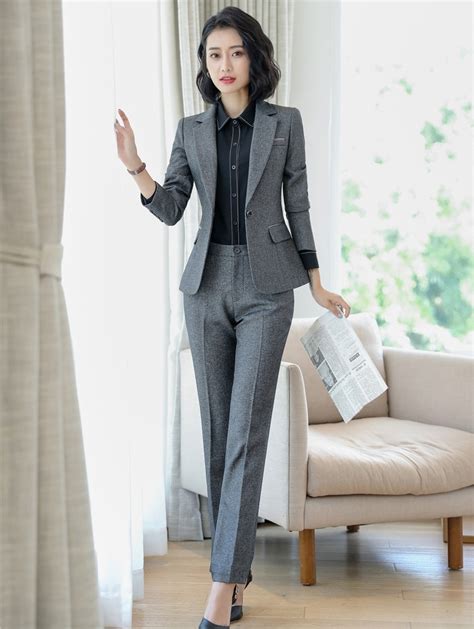 New 2019 Formal Grey Blazer Women Business Suits Pant And Jacket Sets