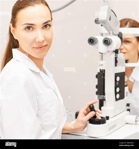 Eye ophthalmologist exam. Eyesight recovery. Astigmatism check Stock