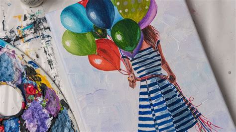 Girl With Colored Balloons Acrylic Painting Homemade Illustration