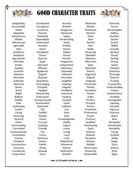 Good Character Traits List Free Printable