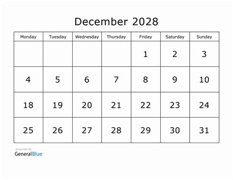 December 2028 Monday Start Calendar Pdf Excel Word