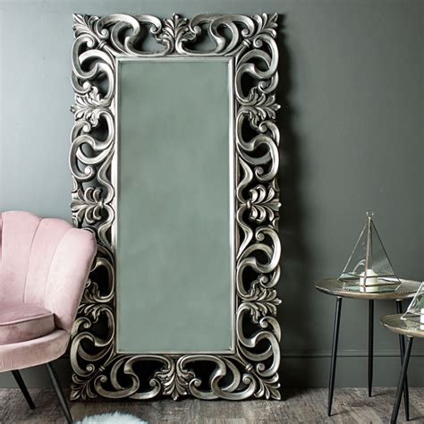 The mirror can be wall hung or simply rest on a table top for dressing or console table. Large Ornate Silver Wall / Floor Mirror 90cm x 168cm
