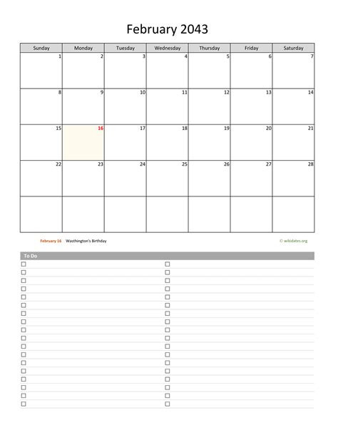 February 2043 Calendar With To Do List