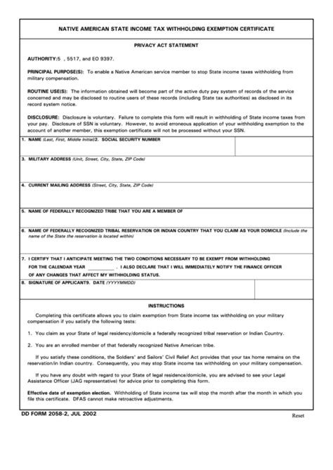 Fillable Dd Form 2058 2 Native American State Income Tax Withholding