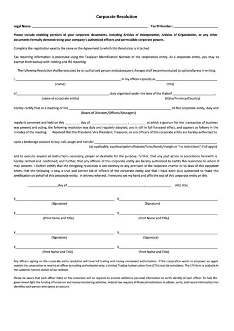 Corporate Resolution Form Printable Pdf Download