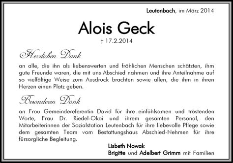 Traueranzeigen Von Alois Geck Zvw Trauer