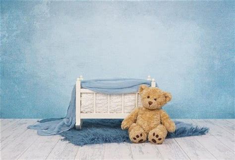 Newborn Digital Backdrop Boy Baby Teddy Bear Blue Crib Prop