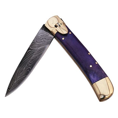 Automatic Damascus Purple Phantom Lever Lock Knife - SwordsSwords.com
