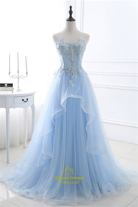 Aqua Blue Illusion Lace Beaded Bodice Tulle Prom Dress With Train