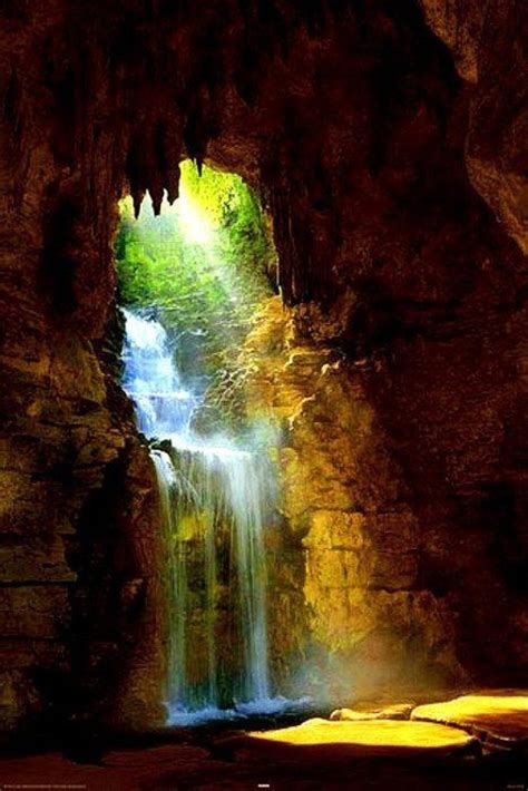 Beautiful Waterfall From Rock Inside Cave Green Trees Forest Hd Nature