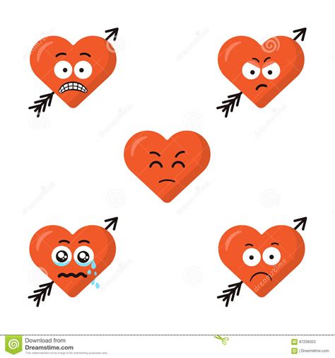 Set Of Flat Cute Cartoon Emoji Heart Faces With Arrow Isolated On The
