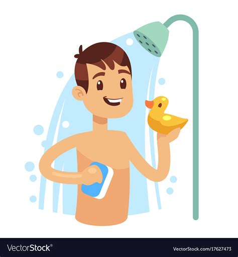 Young Man Taking Shower In Bathroom Guy Washing Vector Image