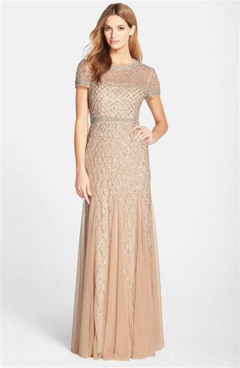 Adrianna Papell Blush Beaded Mesh Gown Aisle Society