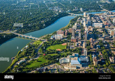 Aerial view of city of Saskatoon and South Saskatchewan River Stock ...