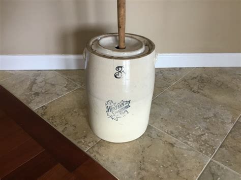 Antique 3 Gallon Western Stoneware Butter Churn Crock With Lid And Handmade Dasher