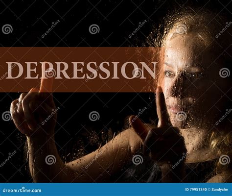 Depression Written On Virtual Screen Hand Of Young Woman Melancholy