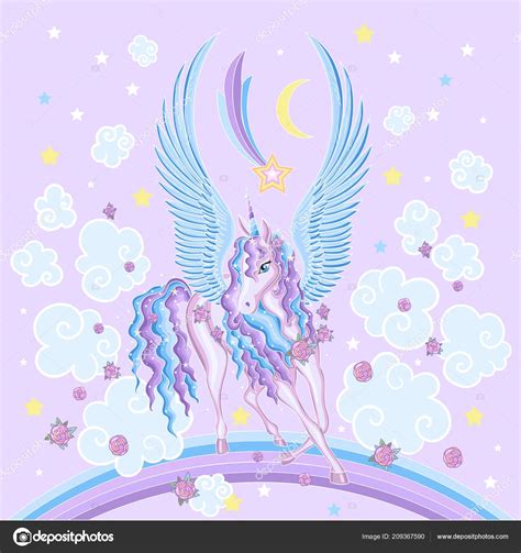 Beautiful Cartoon Winged Unicorn Rainbow Roses Stars Vector Your Design