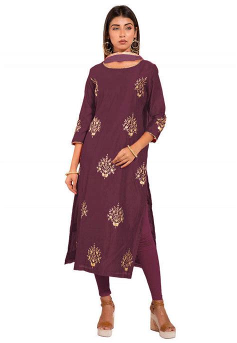 Embroidered Chanderi Silk Straight Suit In Dark Wine Kux677