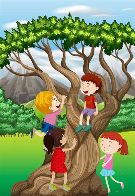 Children Climbing Tree In The Park Stock Vector Colourbox