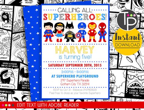 SUPERHERO Party Invitation INSTANT DOWNLOAD Superhero