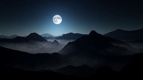 Hd Wallpaper Moon And Mountains Nature Landscape Mist Starry Night