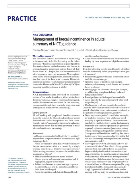Nice Guidelines Management Of Faecal Incontinence In Adults Summary Of Nice Guidance Pdf