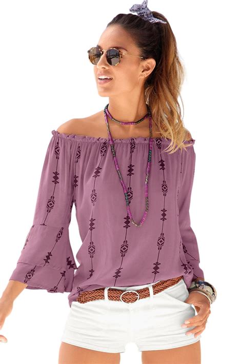 Purple Floral Print Elasticised Neck Blouse Off Shoulder Fashion