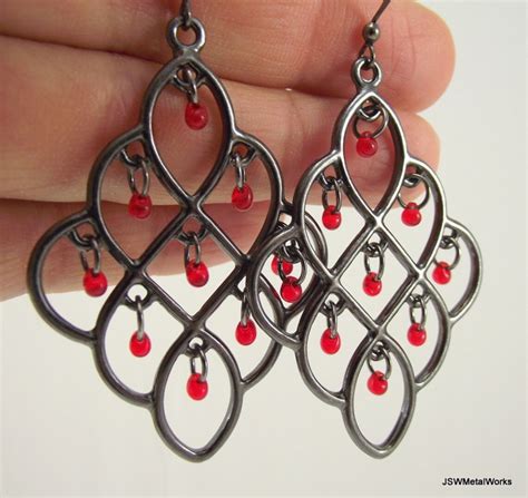 Gunmetal Chandelier Earrings With Red Glass Drops Elegant Etsy