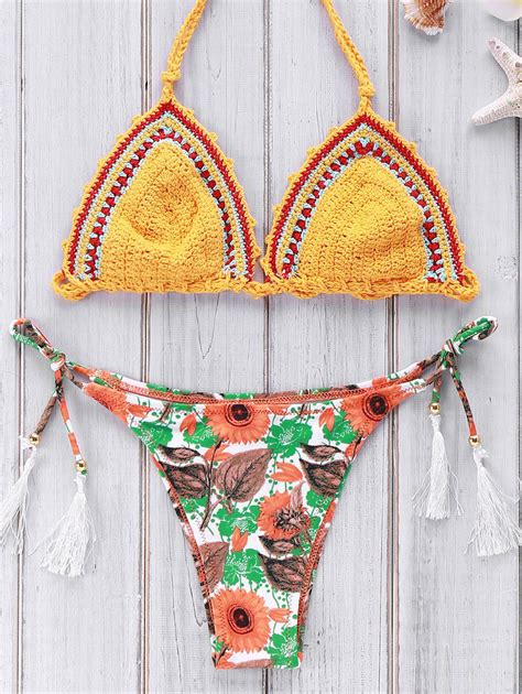 [23 off] 2021 printed crocheted bikini set in yellow zaful