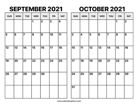 September And October 2021 Calendar Calendar Options