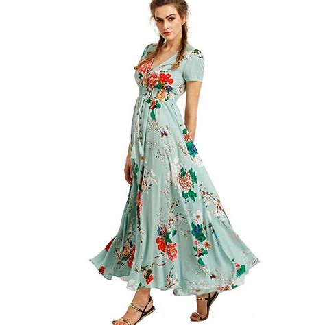 Women Bohemia Long Maxi Dress V Neck Three Quarter Sleeve Floral Print Ethnic Dresses Summer