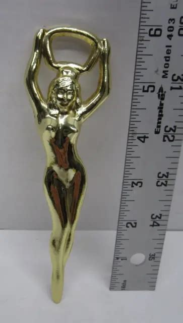 Vintage Nude Female Woman D Metal Bottle Opener Gold Tone Barware