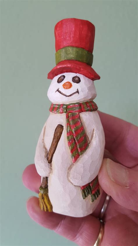 Hand Carved Snowman Wood Carving Collectible