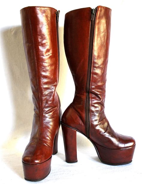 Vintage 70s Platform Boots Dark Red Leather Rockstar 6 Us