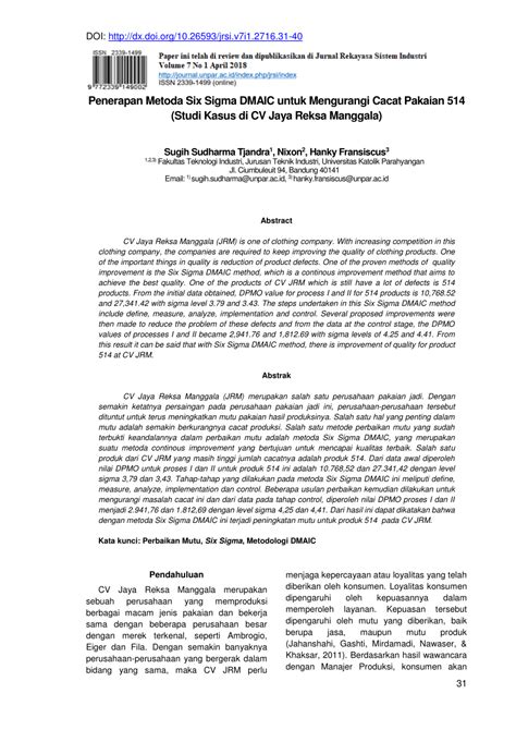 Profil bisnis abadi jaya, cv : (PDF) Penerapan Metoda Six Sigma DMAIC untuk Mengurangi Cacat Pakaian 514 (Studi Kasus di CV ...