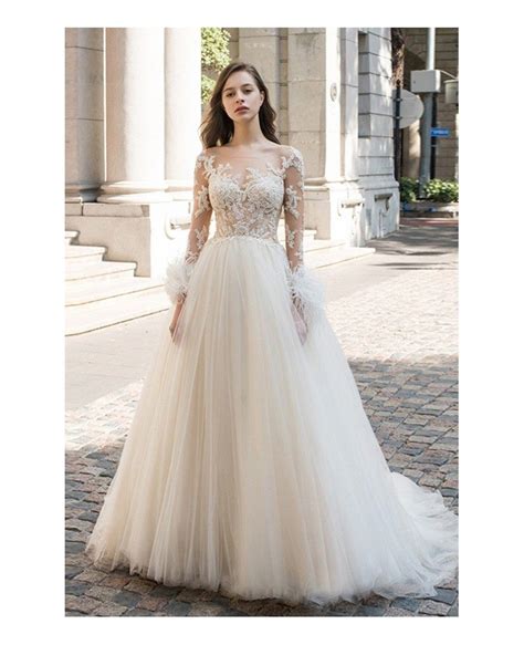Sexy Sheer Top Beaded Long Sleeve Wedding Dress Open Back Tulle Ballgown E8959