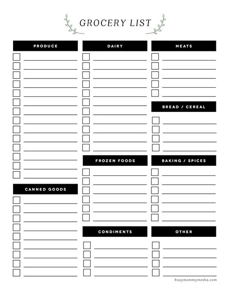 Collection Free Printable Grocery List On A Pages