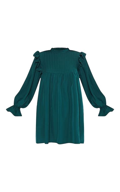 Emerald Green Ruffle Binding Detail Shirt Dress Prettylittlething Usa