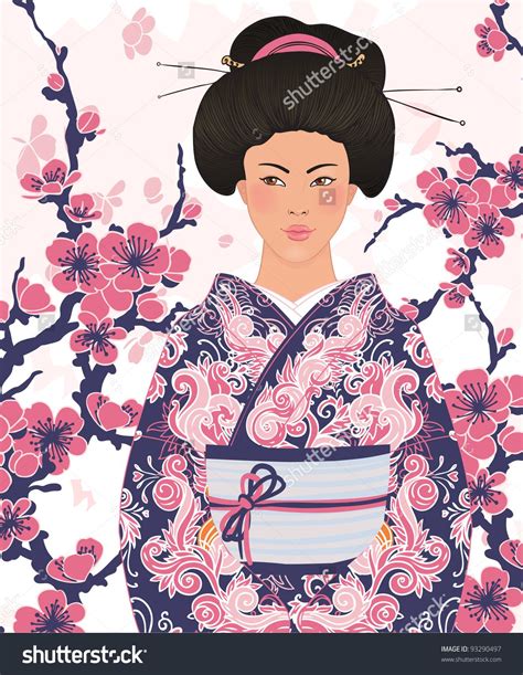 Beautiful Japanese Woman In Kimono Traditional Dress On Pink Floral Sakura Background