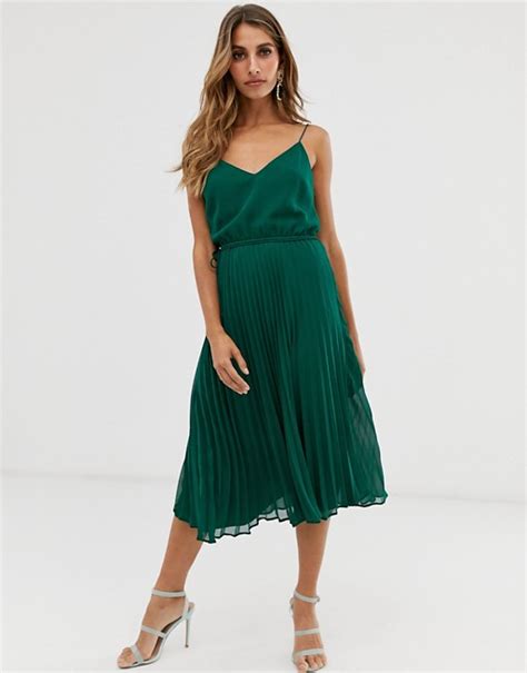 Asos Design Pleated Cami Midi Dress With Drawstring Waist In Forest