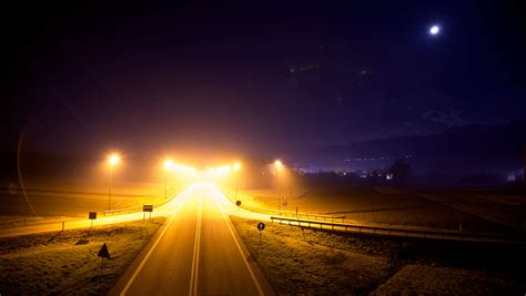 Car Lights Dark Highway Lampposts Long Exposure Motion Night