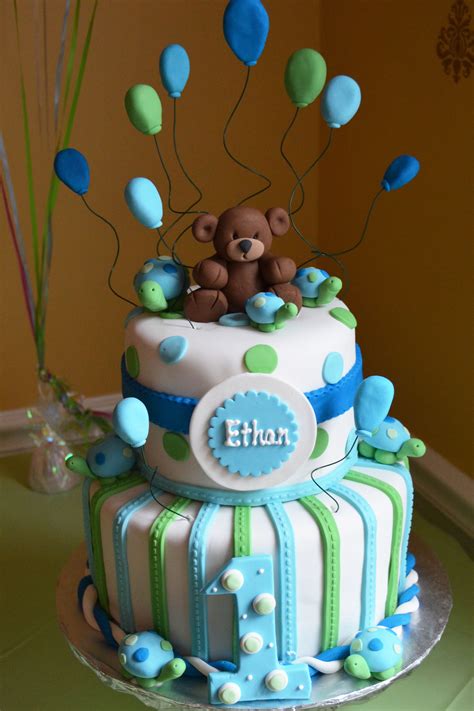 Boy 1st Birthday Cake Blue And Green Bears And Turtles 28th Birthday