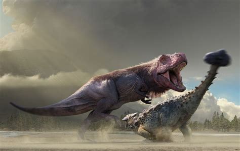 Two Large Dinosaurs Fighting Each Other In The Dirt