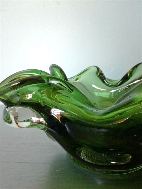 Vintage Hand Blown Green Art Glass Bowl Candy Dish Heavy With Clear Accents Vintage Heavy Art