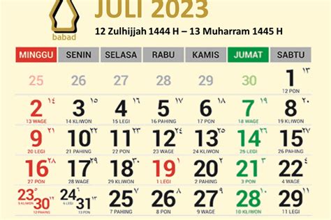 Kalender Jawa Juli 2023 Lengkap Dengan Weton Dan Hari Libur Nasional