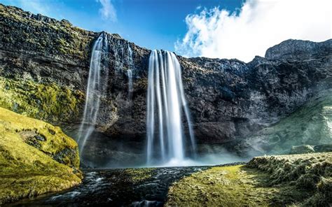 Download Wallpapers Iceland Stream Waterfall Sky Cloud Rock For