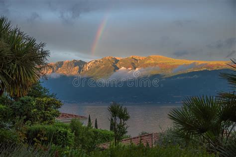 Rainbow Over Monte Baldo Mass View Through Palm Trees Stock Image