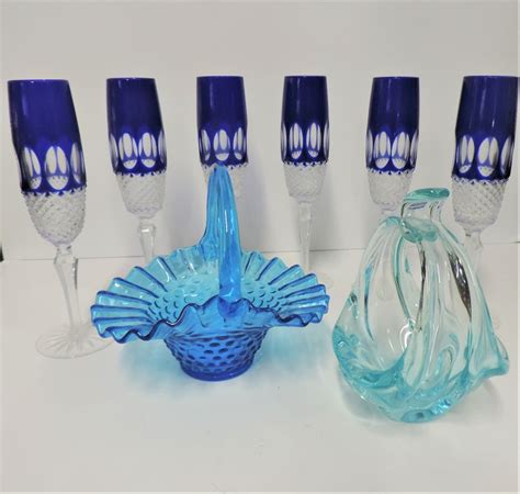 Transitional Design Online Auctions Six Vintage Cobalt Blue Stemware Hobnail Glass Basket