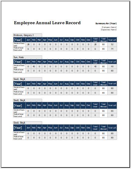 A complete annual leave record against an employee is maintained in a database and can be used for various purposes like to calculate salaries, count the remaining leaves etc. Annual Leave Staff Template Record : Leave card : It is a ...