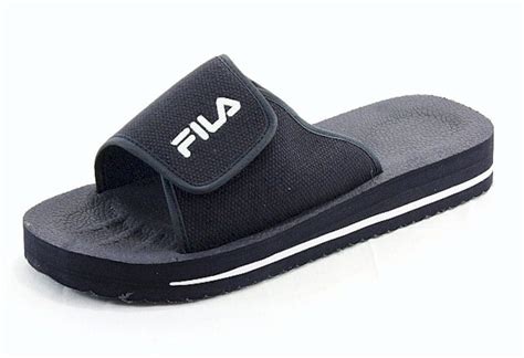 Boys Mens Classic Fila Velcro Slip On Low Slide Sandals Navy White